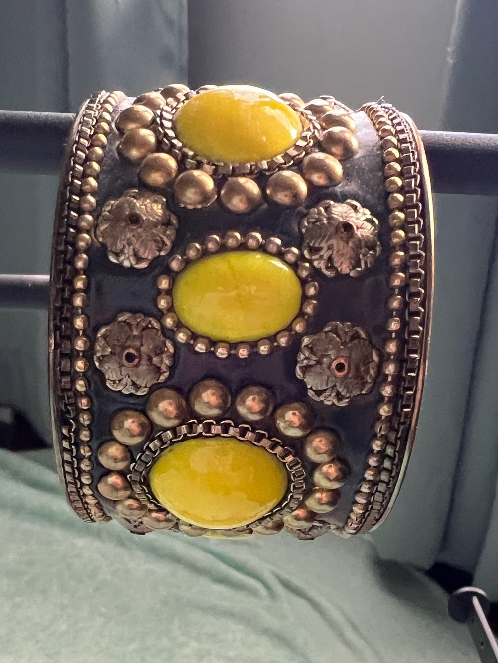 Vintage Chunky Gold Tone Yellow Cabochon Statement Cuff Bracelet Y2K Boho